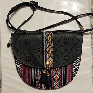 Slim Compact Boho Tribal Flap Purse Multicolor Crossbody Tassel Small Round Cute